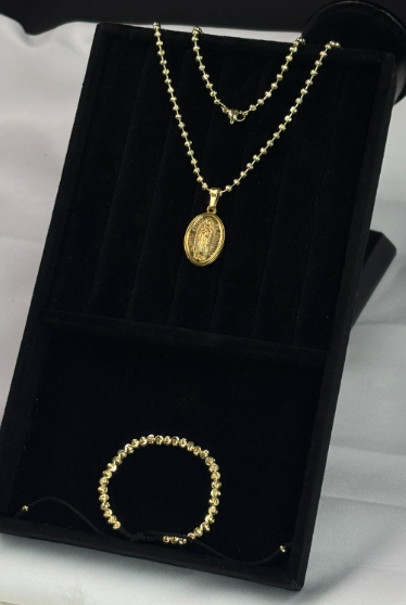 COMBO CADENA MILITAR + DIJE VIRGEN + PULSERA DIAMANTADA ORO LAMINADO 18K