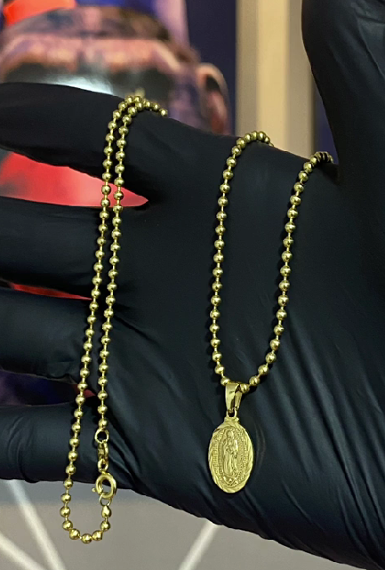 COMBO CADENA MILITAR + DIJE VIRGEN + PULSERA DIAMANTADA ORO LAMINADO 18K