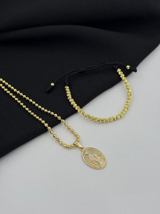 COMBO CADENA MILITAR + DIJE VIRGEN + PULSERA DIAMANTADA ORO LAMINADO 18K